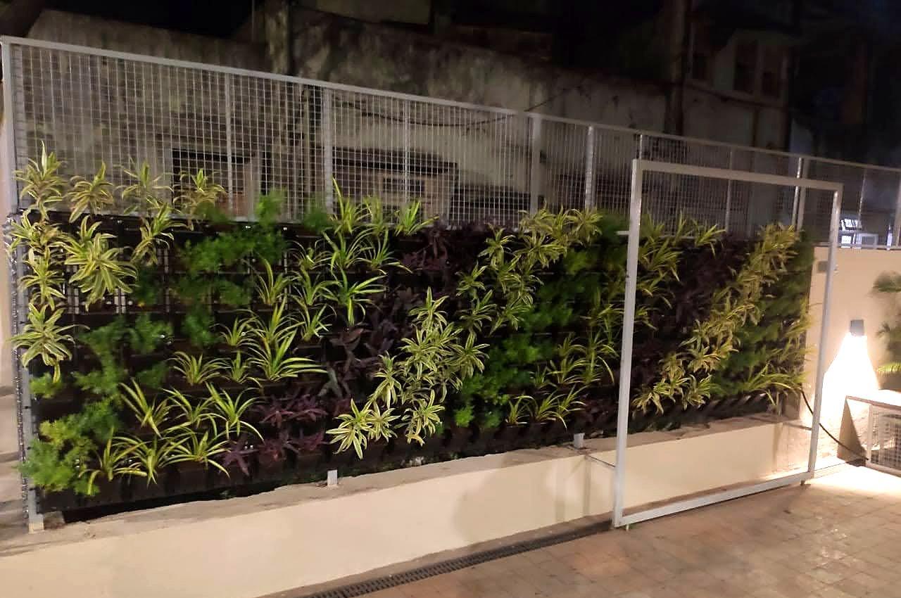 A lit green wall running along the hotel's terrace boundary after dark