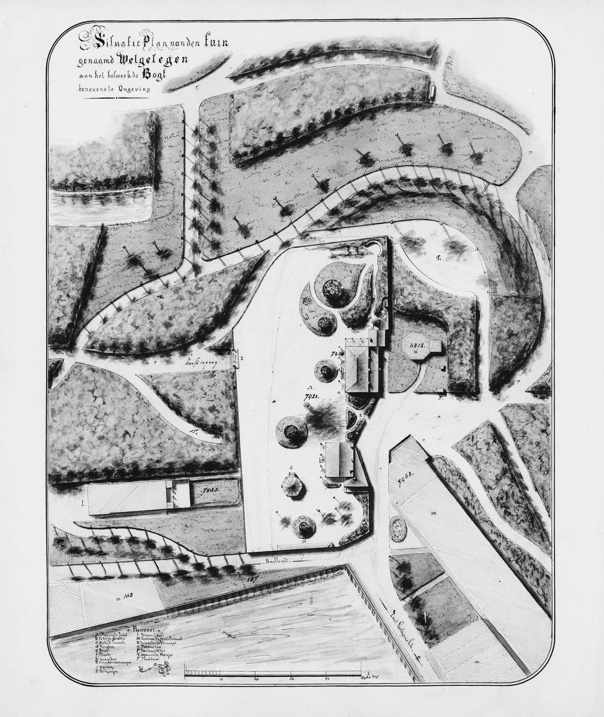 A historical landscape plan showing gardens, paths, water and planting